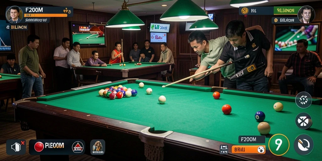 Antarmuka utama F200M menampilkan meja billiard yang realistis dan grafik memukau.