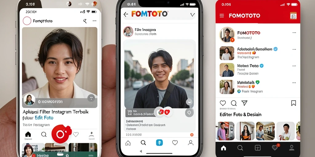 Tampilan antarmuka aplikasi FOMOTOTO dengan berbagai pilihan filter.